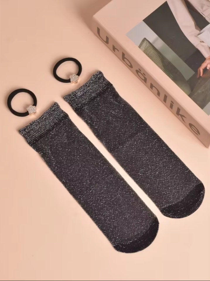 Women’s Sheer Glitter Ankle Socks with Black Trim and Decorative Anklet Strap
